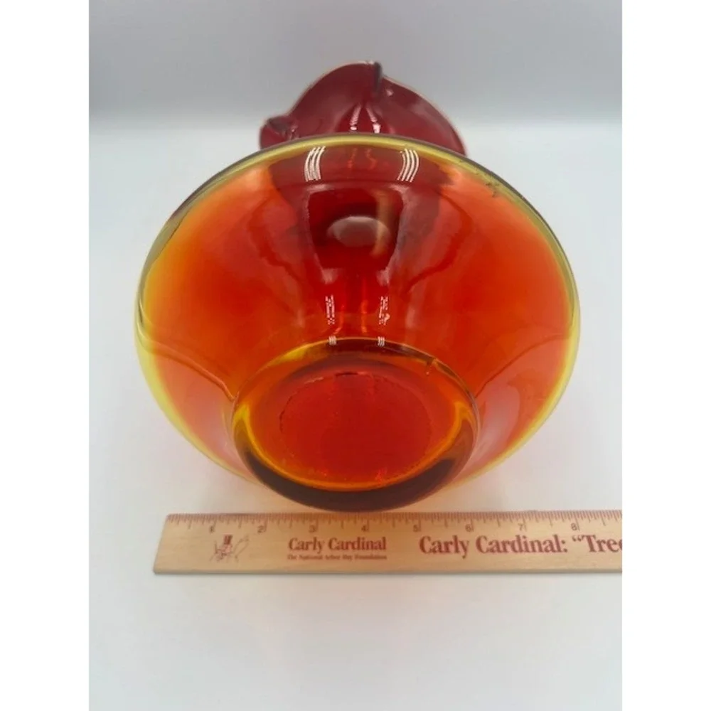 Vintage Amberina MCM Art Glass Ruffled Rim Vase Red Orange Blown Glass 10.5 In